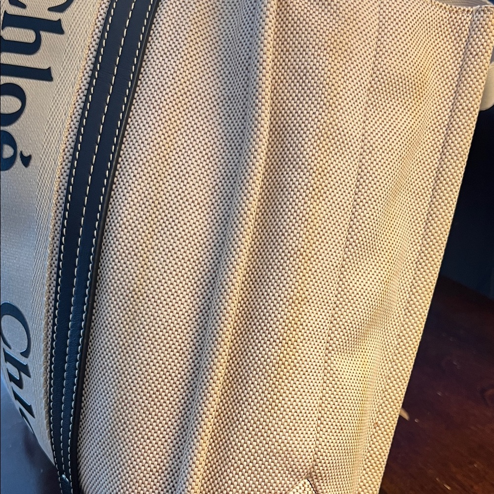 Authentic CHLOÉ Beige and Navy/black Leather Trim Canvas Tote Bag - Picture 16 of 17
